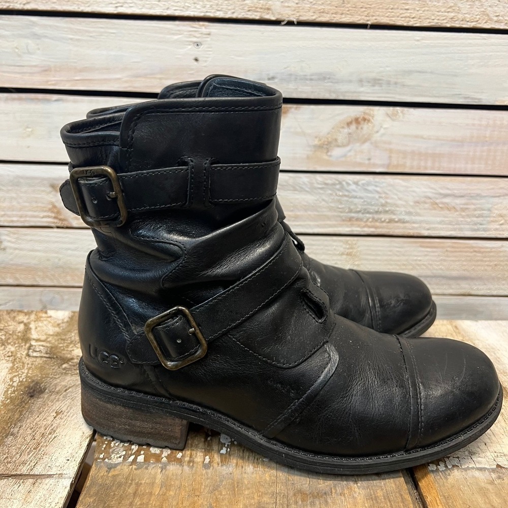 UGG Black‎ Leather Finney Moto Buckle Ankle Boots 1006037 Size 9.5
